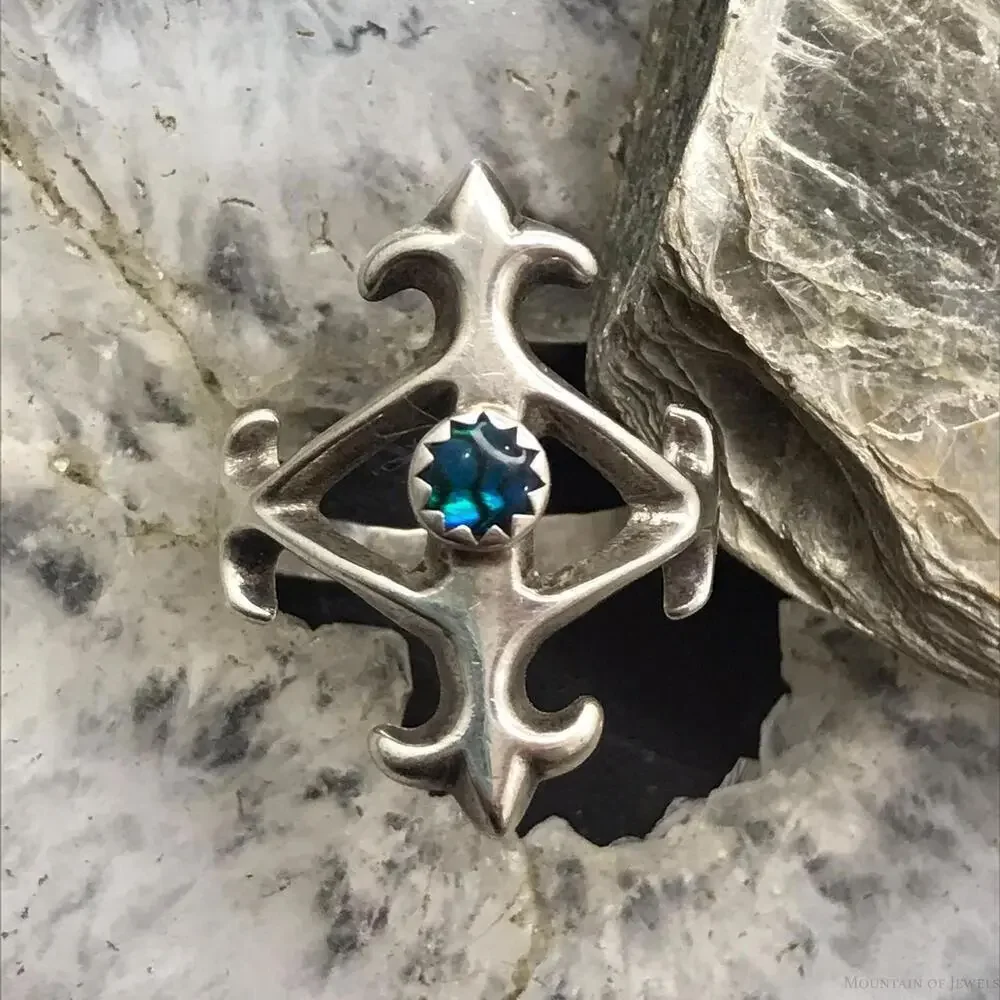 Vintage Silver Paua Dot Fleur-de-lis Ring Size 7.5 For Women